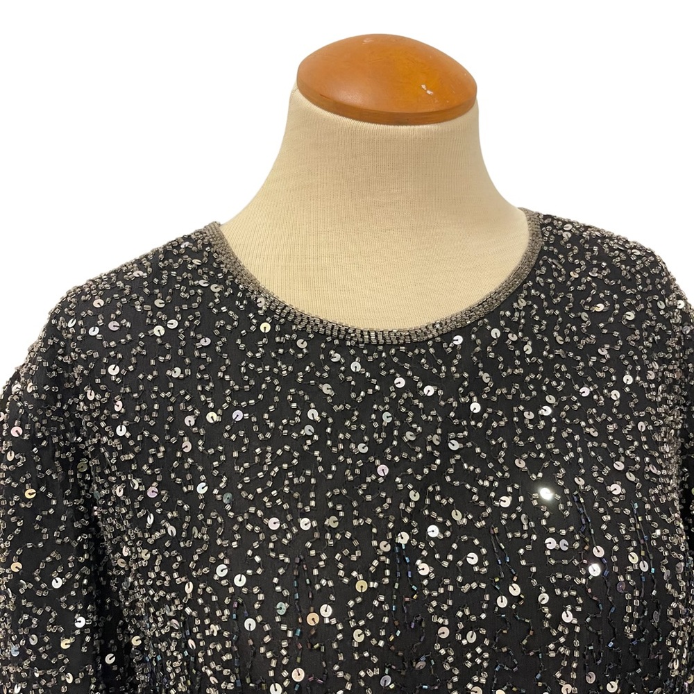 VINTAGE STENAY BLACK SILK SEQUINS TOP SHELL BLOUSE HOLIDAY PARTY EVENING WEAR - Picture 6 of 13